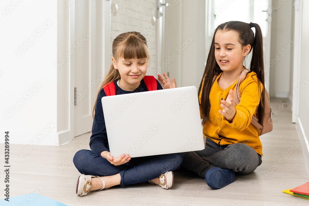 Portrait of two girls studying in front of laptop