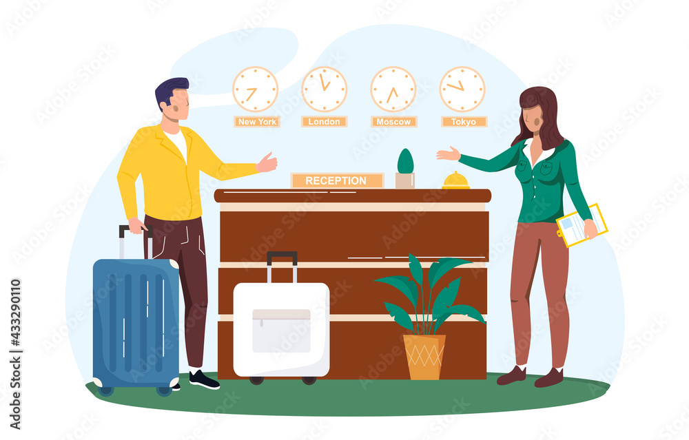 Hotel reception desk, receptionists and traveller Hotel reception desk, receptionists and traveller