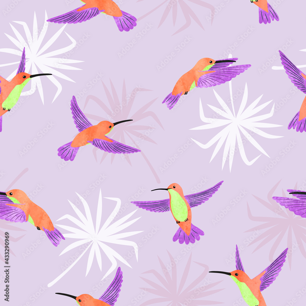 Hummingbirds pattern. Seamless tropic background with watercolor birds.