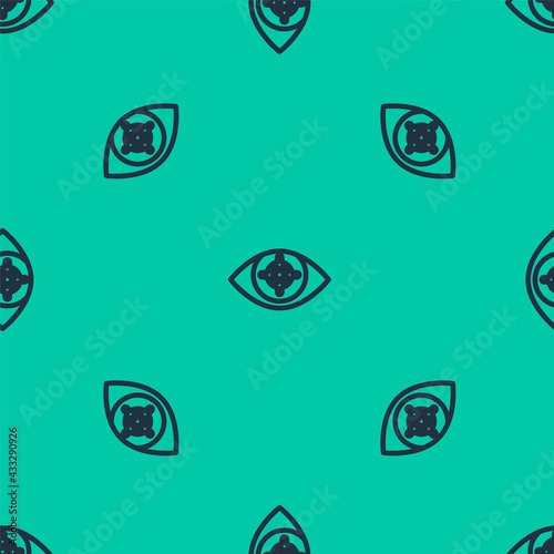 Blue line Eye scan icon isolated seamless pattern on green background. Scanning eye. Security check symbol. Cyber eye sign. Vector