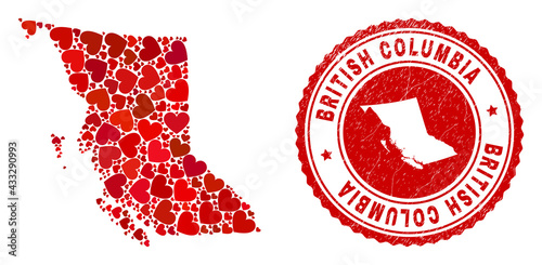 Mosaic British Columbia map created with red love hearts, and dirty seal stamp. Vector lovely round red rubber stamp imprint with British Columbia map inside.