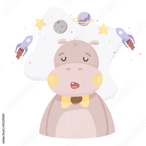A cute hippopotamus dreams about space. Childrens illustration concept of animals for nursery, nature for children. Ideal for decorating baby clothes and printing on baby clothes.