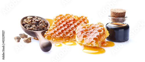 Honeycombs with propolis tincture on white background photo