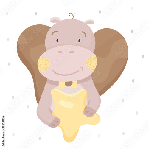 Cute hippo is holding a star. Baby animal concept illustration for nursery, character for children. Ideal for decorating nursery and printing on baby clothes