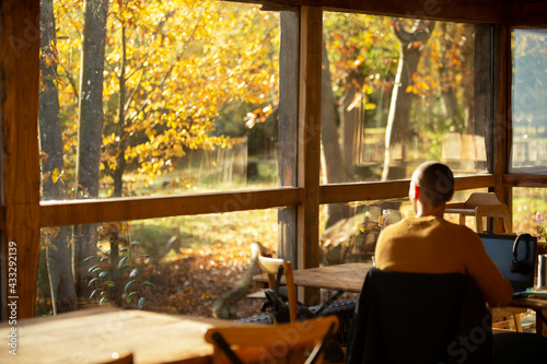 Thoughtful businessman working at laptop in autumn cafe