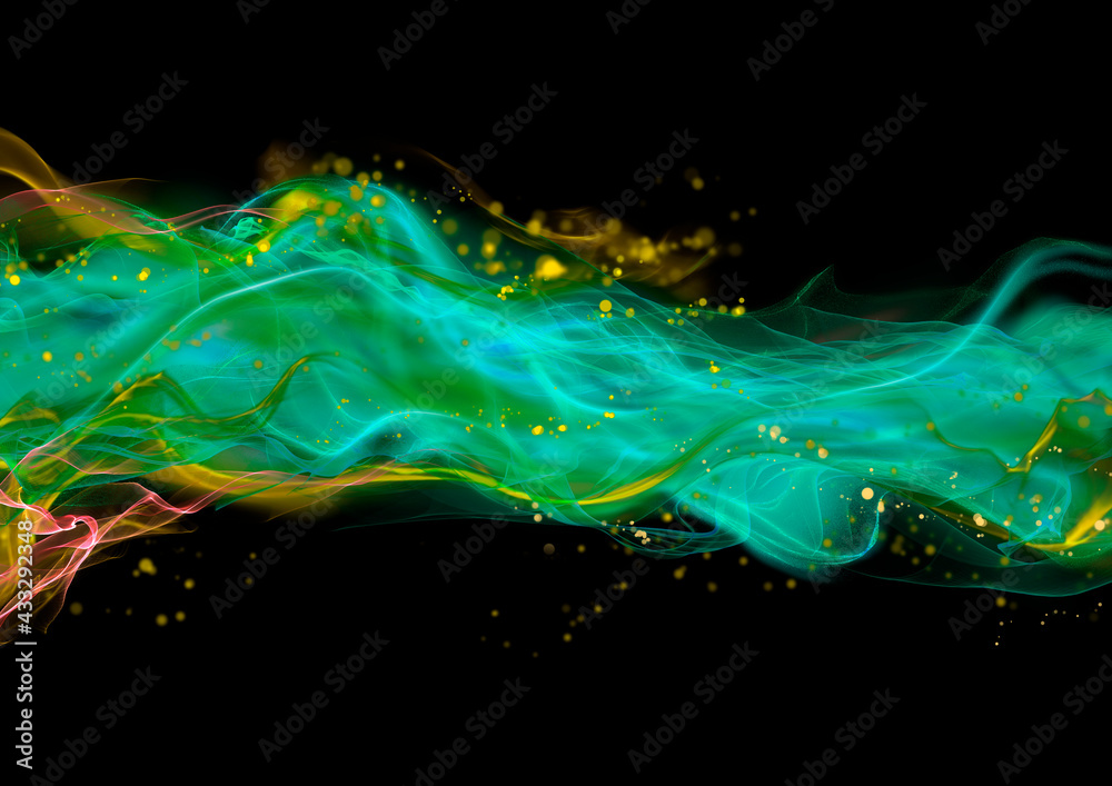 Vibrant green and yellow wave pattern on black background