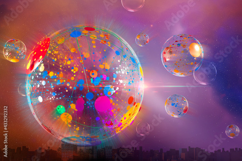 Digitally generated image abstract multicolor bubble over cityscape