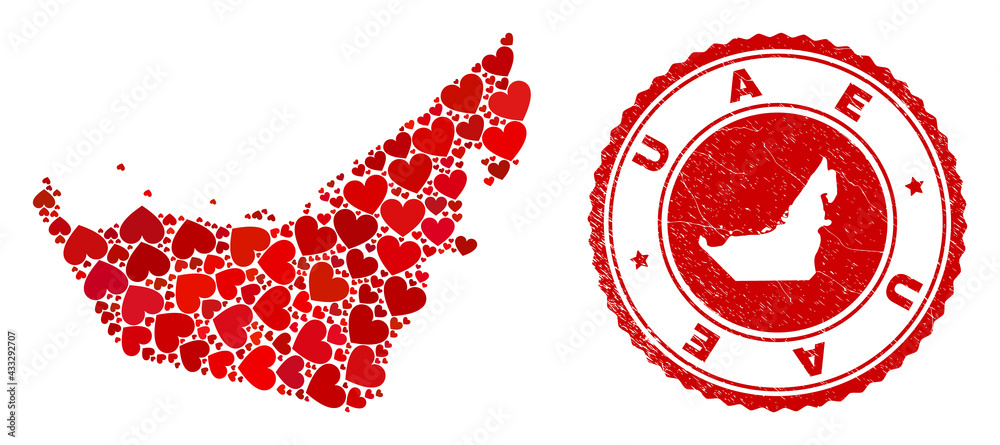 Mosaic United Arab Emirates map created from red love hearts, and scratched seal stamp. Vector lovely round red rubber seal stamp imitation with United Arab Emirates map inside. Mosaic United Arab Emirates map created from red love hearts, and scratched seal stamp. Vector lovely round red rubber seal stamp imitation with United Arab Emirates map inside.