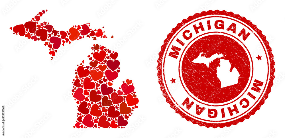 Mosaic Michigan State map designed with red love hearts, and rubber stamp. Vector lovely round red rubber badge imitation with Michigan State map inside. Mosaic Michigan State map designed with red love hearts, and rubber stamp. Vector lovely round red rubber badge imitation with Michigan State map inside.