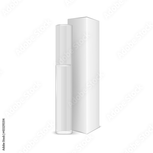 Vector 3d Realistic Closed White Lip Gloss, Lipstick Package, Carton Packing Set Isolated on White. Glass Container, Tube, Lid, Brush. Plastic Transparent Bottle Design Template, Mockup. Front View