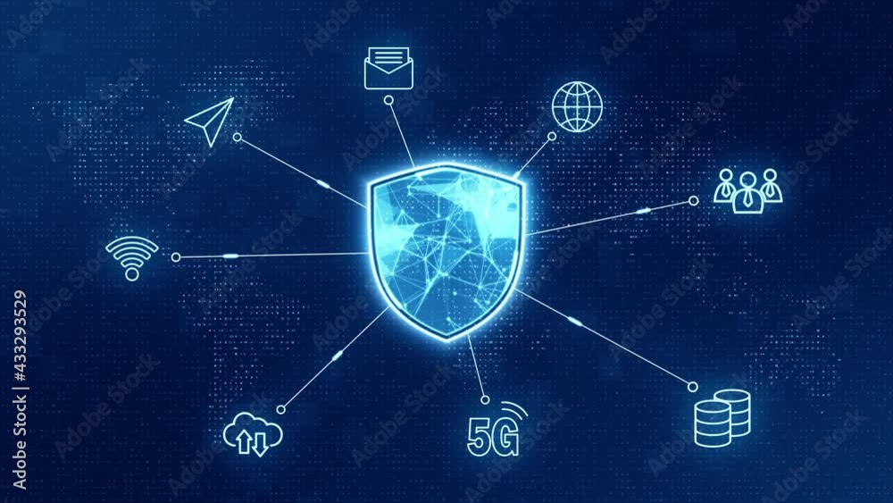 Motion graphic of Blue security shield with icon connection and data transfer futuristic technology abstract background network security concept