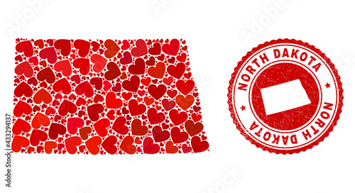Collage North Dakota State map formed with red love hearts, and rubber seal stamp. Vector lovely round red rubber seal imprint with North Dakota State map inside.