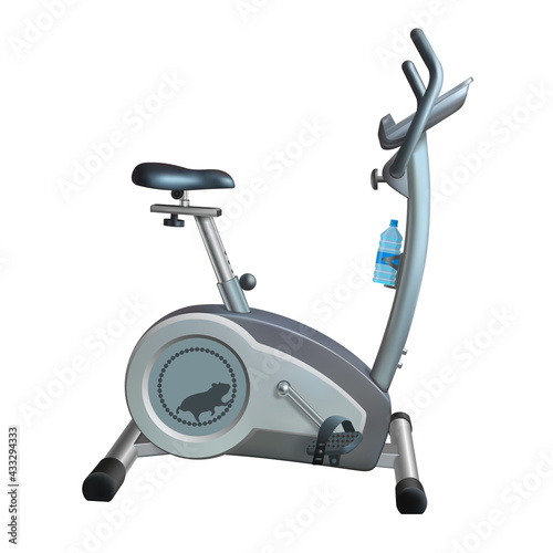 Exercise bike. For cardio workout indoors. 3D render. Vector illustration. Isolated white background. Visual materials.