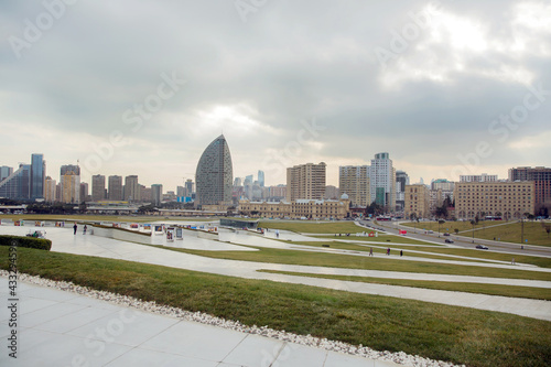 Panorama of Baku, the capital of the Republic of Azerbaijan from a high point of the city . Park of Heydar Aliyev Center in Baku. High-rise buildings. View of the center of Baku .
