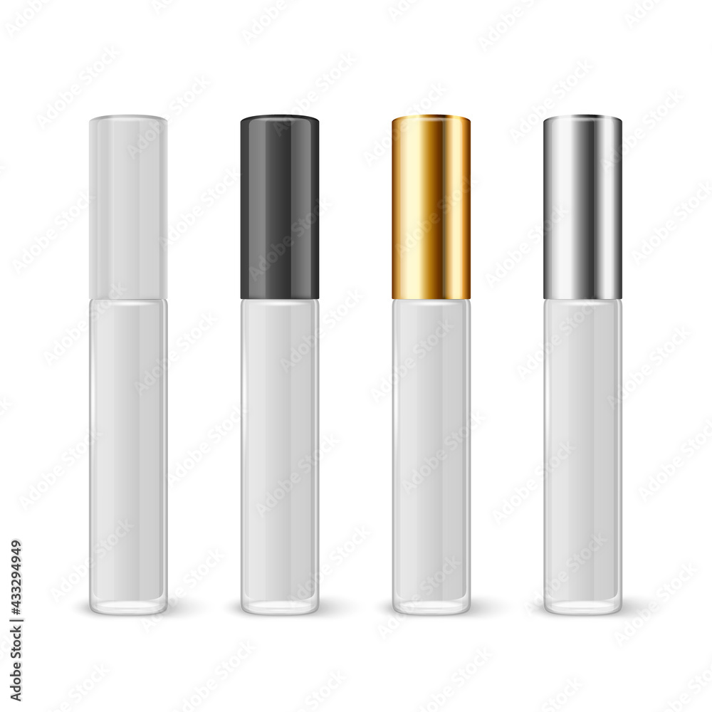 Vector 3d Realistic Closed White Lip Gloss, Lipstick Package Set Isolated on White Background. Glass Container, Tube, Lid, Brush. Plastic Transparent Bottle Design Template, Mockup. Front View