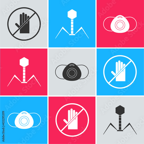 Set No handshake, Bacteria bacteriophage and Medical protective mask icon. Vector