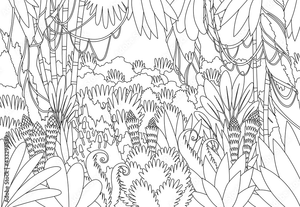 Fototapeta premium Tropical Jungle Dark Background, Forest, Rainforest, Plant. cartoon illustration of background morning jungle. Hand drawn branches and leaves of tropical plants. Black and white sketch