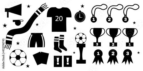 Set of doodle items for playing football, isolated on white background. Elements of icons for the sports game of football. Hand drawing of doodles.