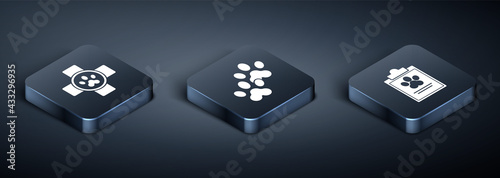 Set Isometric Veterinary clinic symbol, Clipboard with medical clinical record pet and Paw print icon. Vector