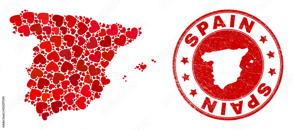 Collage Spain map composed with red love hearts, and unclean seal stamp. Vector lovely round red rubber seal stamp imitation with Spain map inside. Collage Spain map composed with red love hearts, and unclean seal stamp. Vector lovely round red rubber seal stamp imitation with Spain map inside.