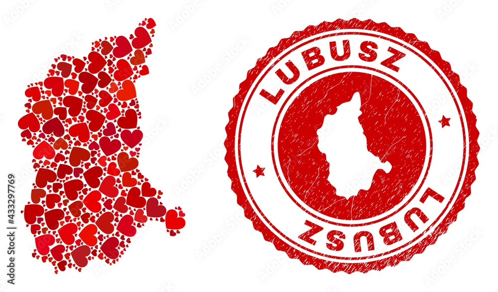 Collage Lubusz Voivodeship map composed with red love hearts, and textured seal stamp. Vector lovely round red rubber seal stamp imitation with Lubusz Voivodeship map inside.