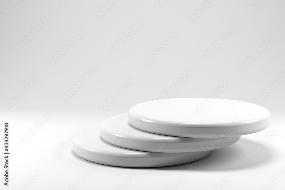 Shiny and glossy white round pedestal podium isolated on white background. 3D render. Abstract high quality pedestal. Podium can be add on banners, flyers, social media ads. Shiny and glossy white round pedestal podium isolated on white background. 3D render. Abstract high quality pedestal. Podium can be add on banners, flyers, social media ads.