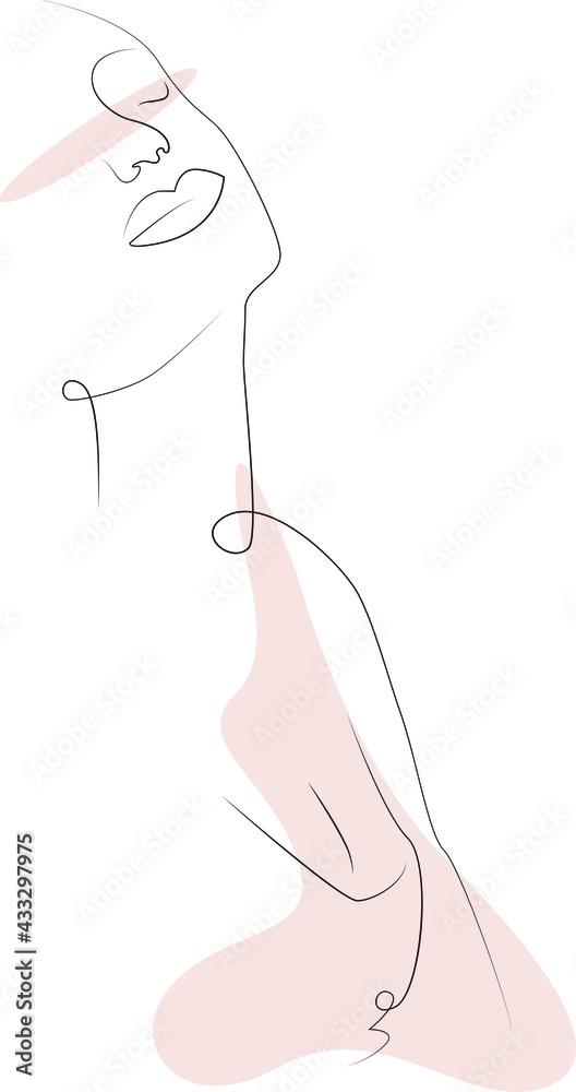 lovely sexy woman with closed eyes ,outline boho style, pink colours. Minimalist woman portrait oneline drawing