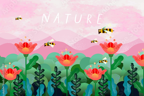 Nature and landscape. Vector illustration of trees, forest, mountains, flowers, bee, plants,  field. Picture for background, card or cover