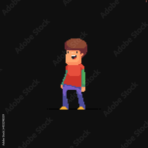 Pixel art happy white guy in casual outfit standing relaxed on dark background