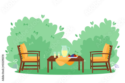Patio area flat vector illustration. House backyard with green grass lawn and bushes. Cartoon table and chairs garden modern furniture. Outdoor furnished yard for BBQ summer parties
