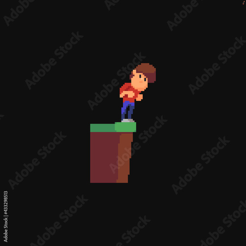 Pixel art male character staying on the top of the cliff and looking down
