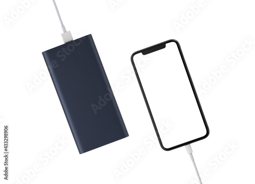 Power bank and smartphone on white background. The smartphone is charging from the power bank.