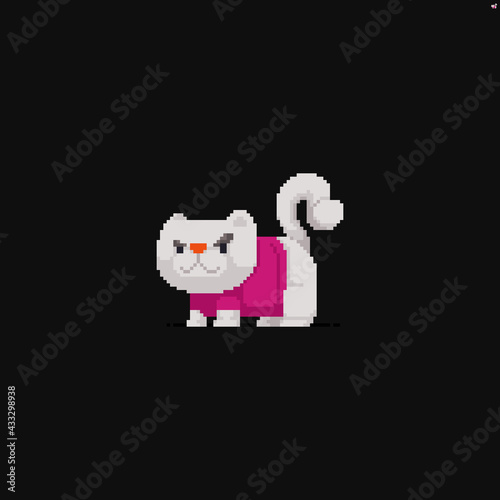 Pixel art cat with white fur in a pink T-shirt with a dissatisfied look