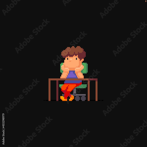 Pixel art sad melancholic character sitting behind table with head on his head