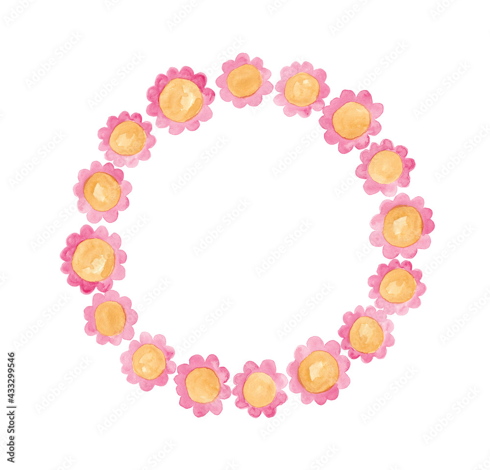 Pink and yellow watercolor painting circle of flowers, hand drawn blossom wreath isolated on white background