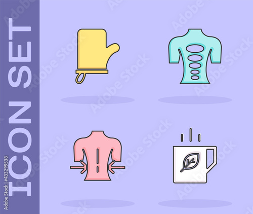 Set Cup of tea and leaf, Sauna mittens, Massage and stone therapy icon. Vector