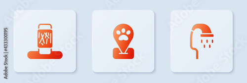 Set Location pet grooming, Cat scratching post and Pet shower. White square button. Vector