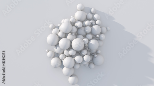 White textured and glossy balls. White background, hard light. Abstract illustration, 3d render.
