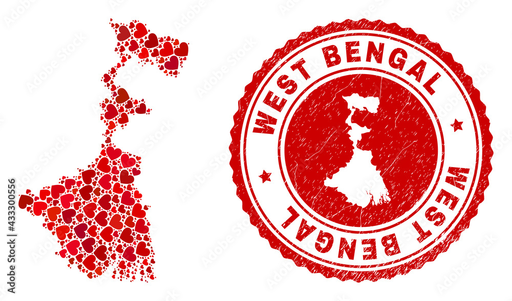 Mosaic West Bengal State map composed with red love hearts, and rubber seal. Vector lovely round red rubber seal imitation with West Bengal State map inside. Mosaic West Bengal State map composed with red love hearts, and rubber seal. Vector lovely round red rubber seal imitation with West Bengal State map inside.