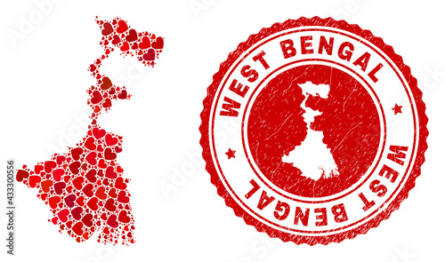 Mosaic West Bengal State map composed with red love hearts, and rubber seal. Vector lovely round red rubber seal imitation with West Bengal State map inside.