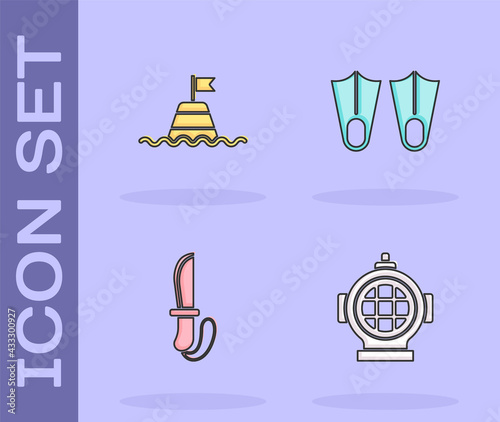 Set Aqualung, Floating buoy on the sea, Knife and Rubber flippers icon. Vector