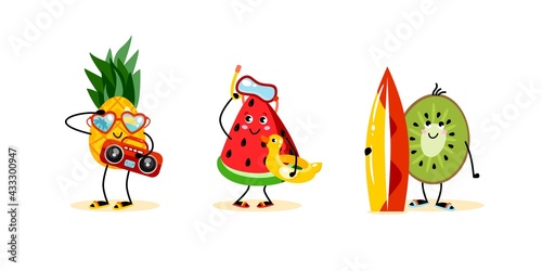 Cute fruit characters. Vector illustration of funny fruits in cartoon style. Summer illustration for children.