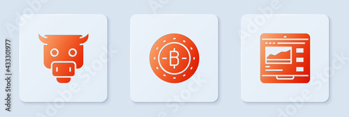 Set Bitcoin, Bull market and Trading courses. White square button. Vector