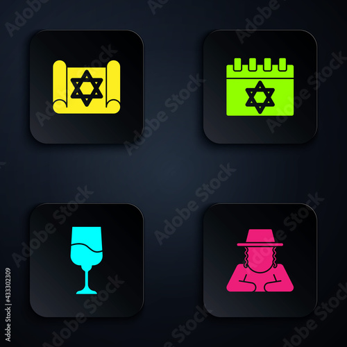 Set Orthodox jewish hat, Torah scroll, Jewish goblet and calendar. Black square button. Vector
