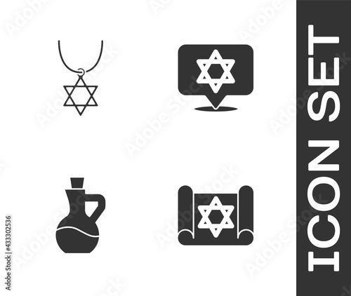 Set Torah scroll, Star of David necklace on chain, Bottle olive oil and icon. Vector