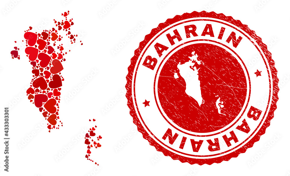 Collage Bahrain map composed with red love hearts, and rubber badge. Vector lovely round red rubber stamp imitation with Bahrain map inside. Collage Bahrain map composed with red love hearts, and rubber badge. Vector lovely round red rubber stamp imitation with Bahrain map inside.