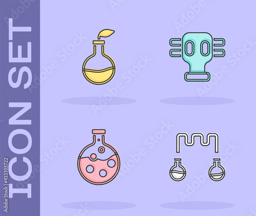 Set Test tube and flask, Plant breeding, and Gas mask icon. Vector