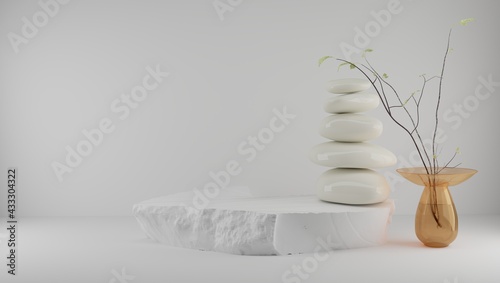 Podium for product display with feng shui japandi style light background with stones and plants. 3d rendering. photo