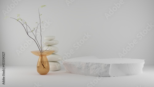 Podium for product display with feng shui japandi style light background with stones and plants. 3d rendering.