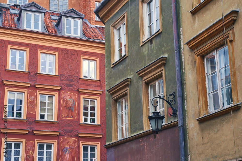 Beautiful old houses in Warsaw, Poland. Architecture details.